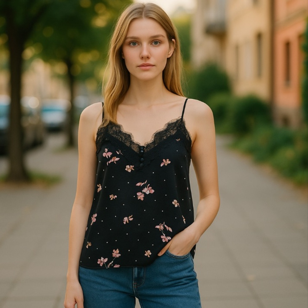 3/$29 NWT Abercrombie & Fitch Black Romantic Lace and Floral Racerback Cami SZ S